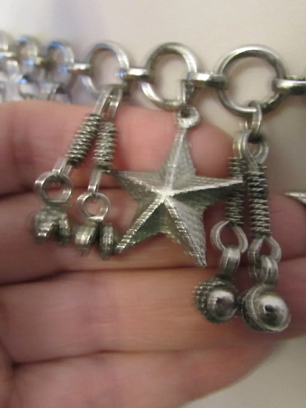 Vintage Stars & Bells Dangling Charms Silver Belly Dancer Chain Belt 37”